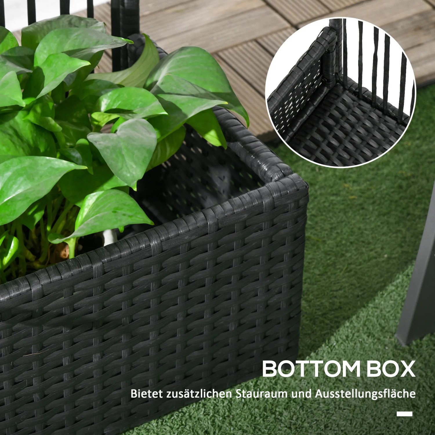 Schwarzer Outsunny Blumenkasten mit Spalier aus PE-Rattan und Stahl.