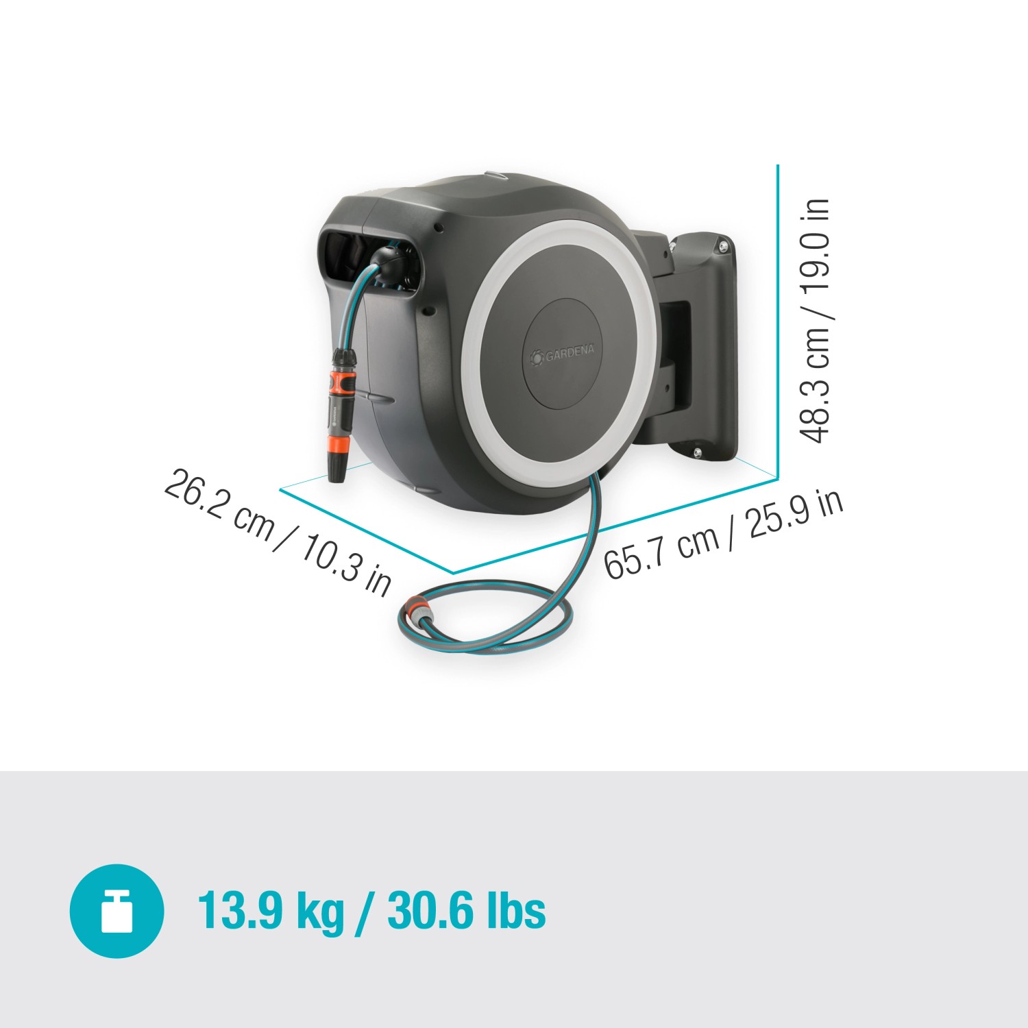 Gardena Wand-Schlauchbox RollUp XL, weiße Schlauchtrommel mit 35m Gartenschlauch und Maßangaben.