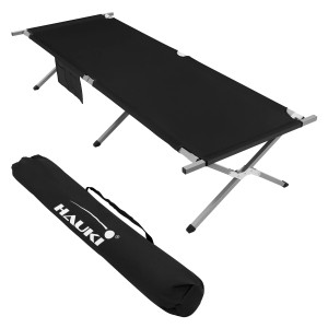 Schwarzes Hauki Campingbett, klappbar, mit Tragetasche. XL Feldbett für Camping & Outdoor.