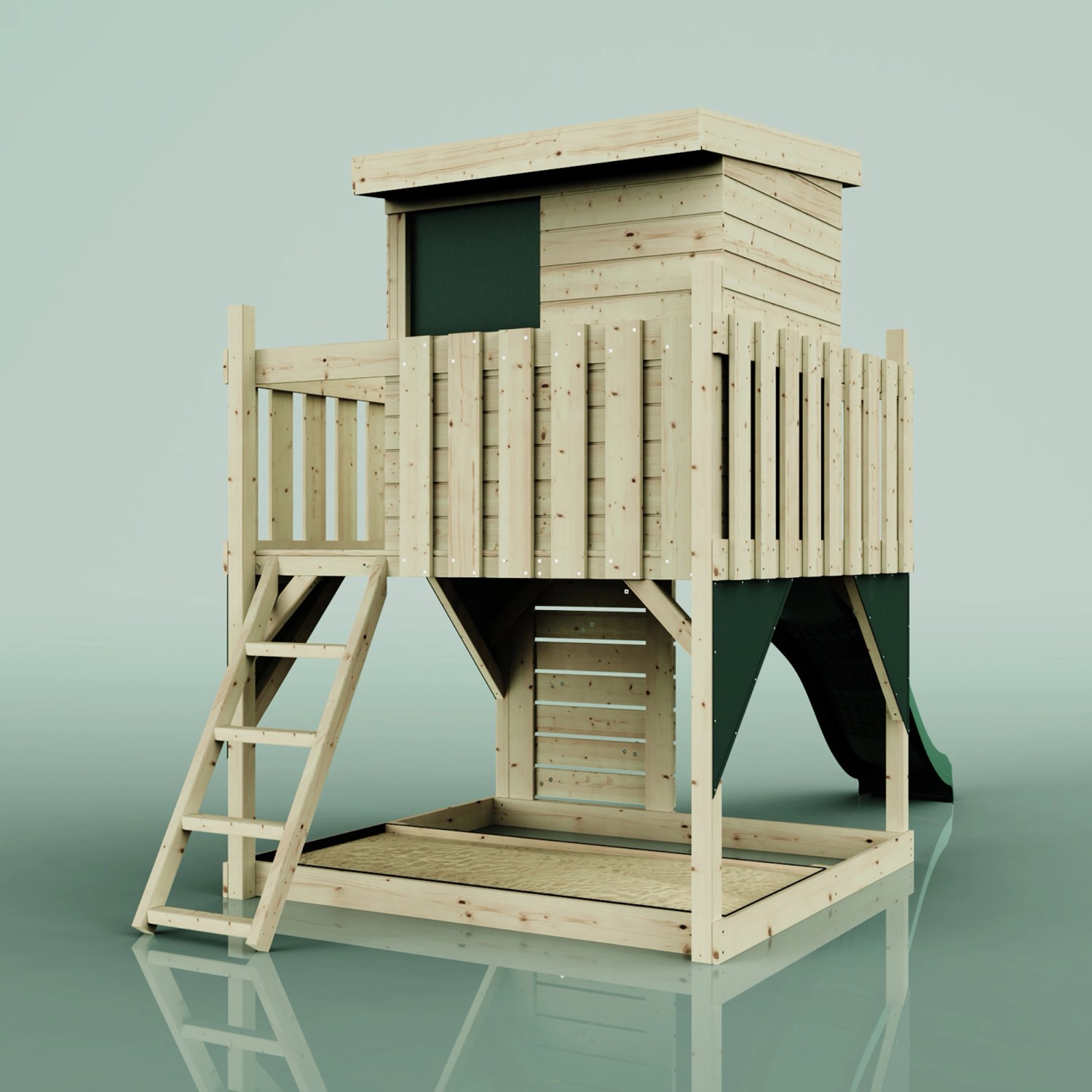 PolarPlay Stelzenhaus Polarlicht, dunkelgrün, mit Leiter und Rutsche. Holz-Gartenhaus für Kinder.