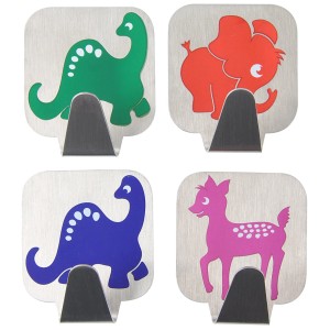 Fackelmann Selbstklebehaken, 4er Set mit Tiermotiven (Dino, Elefant, Reh) auf Edelstahl, 5x5 cm.