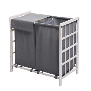 MCW Wäschesammler B60 Shabby Weiß mit zwei grauen Wäschesäcken und Stoffdeckel.
