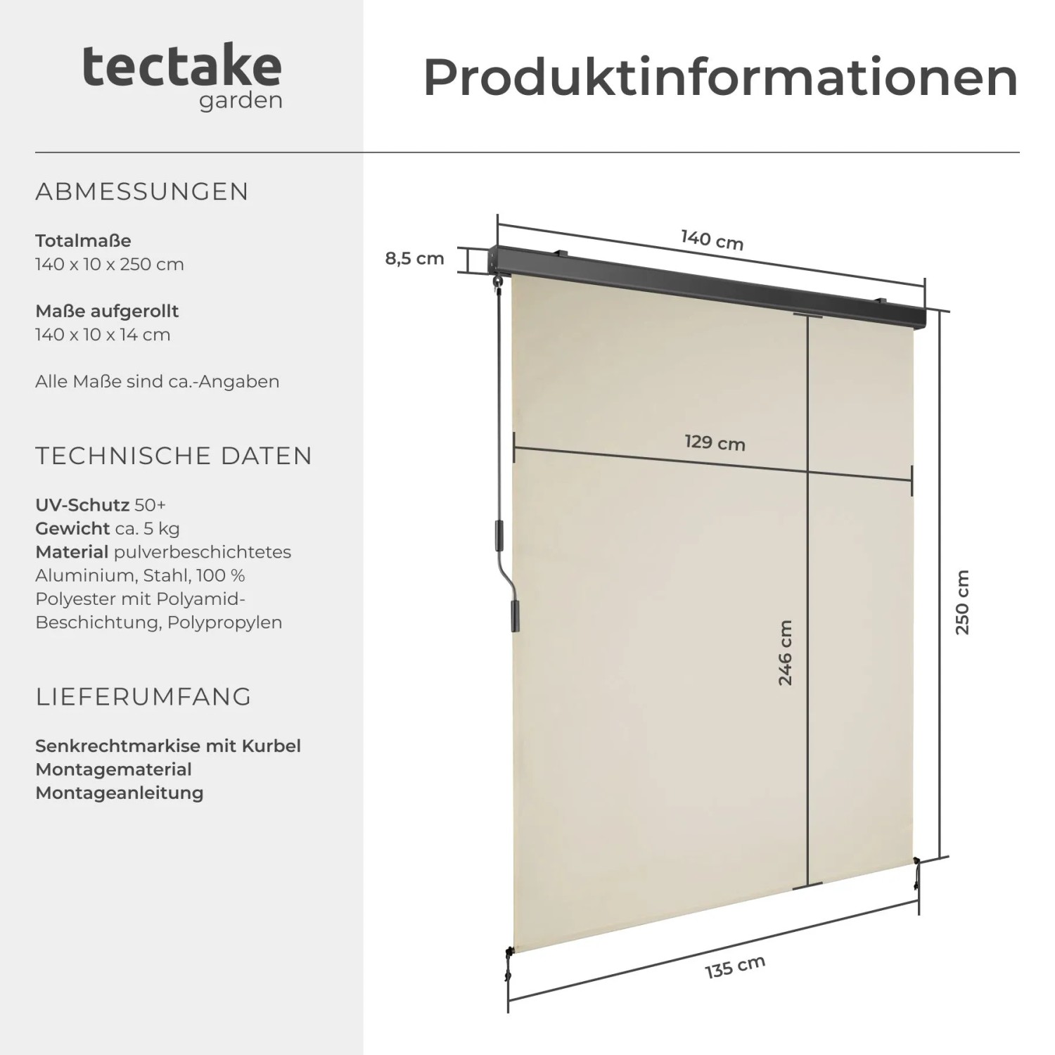 Beige Tectake Senkrechtmarkise Eloise 140x250 cm, ausgefahren, mit Maßangaben. Ideal als Sonnenschutz.