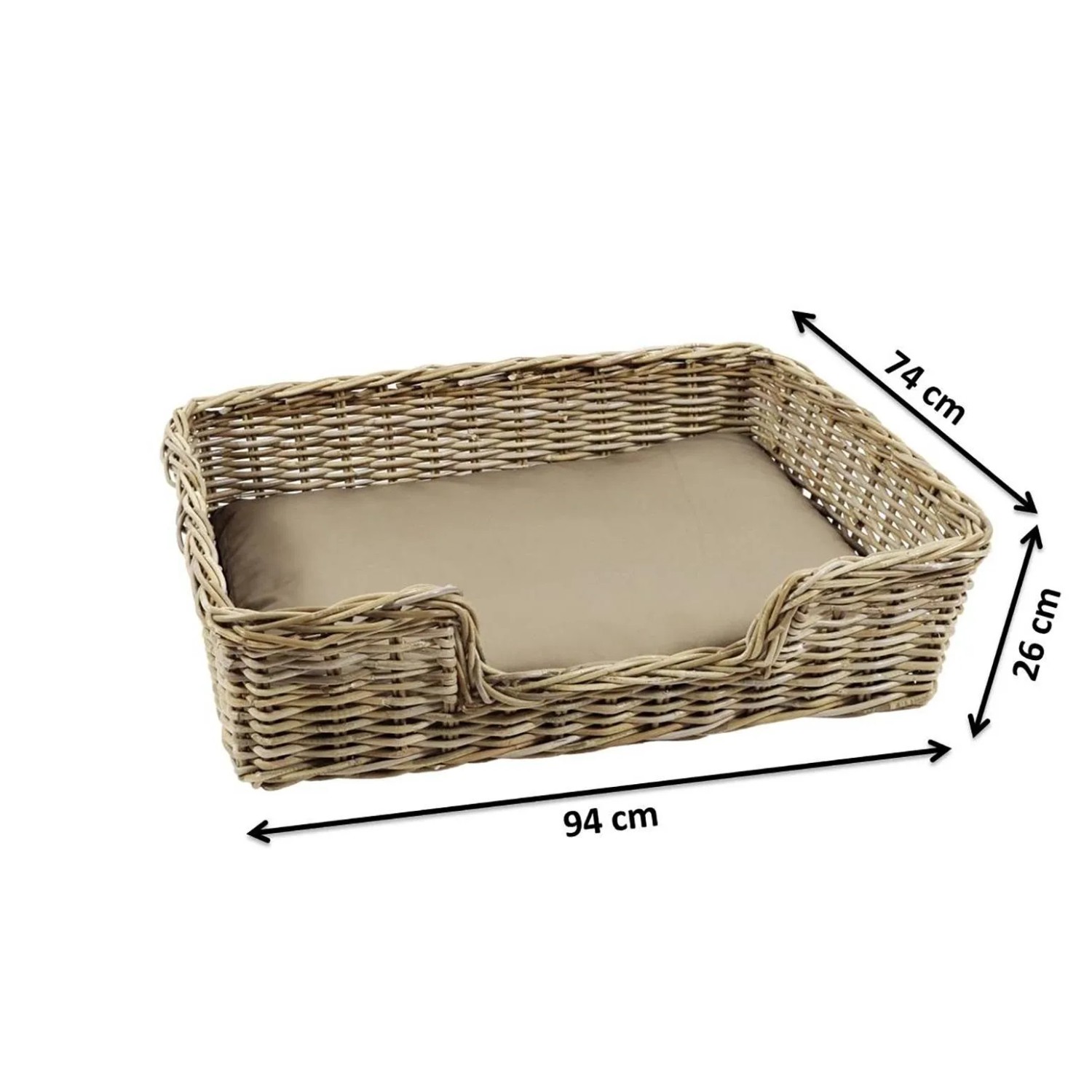 Kobolo Hundekorb aus Rattan mit Kissen, Größe L (94x74 cm).