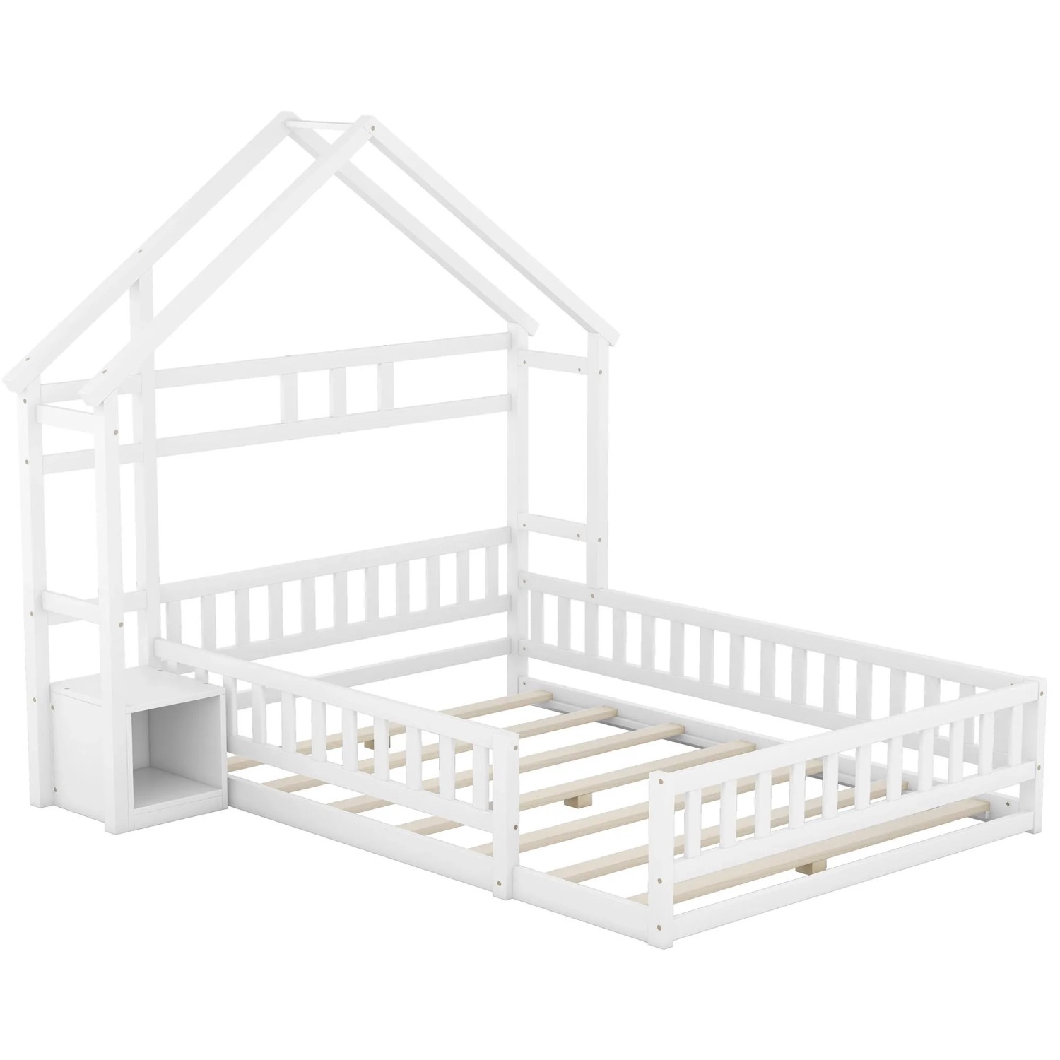 KOMHTOM Kinderbett 140x200Cm Flachbett Hausbett Mit Geländer Nachttischen Weiß Ohne Matratze