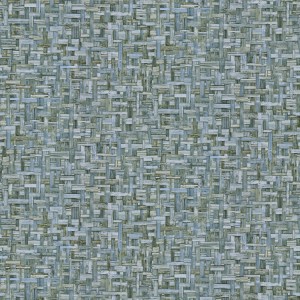 Blaue Vliestapete in Holzoptik mit geflochtenem Muster, ideal für Küche und Esszimmer.