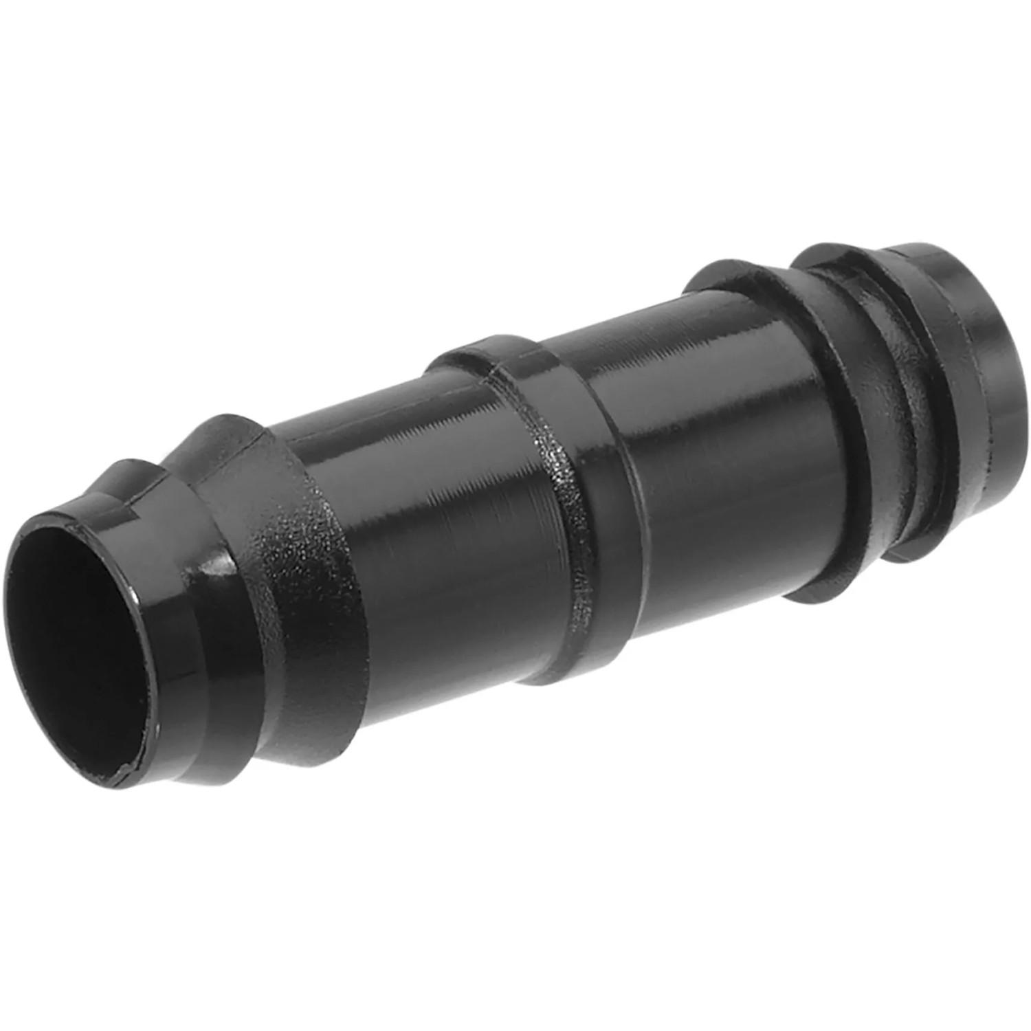 Gerader Verbinder für 16 mm Tropfrohr aus dem Geka Drip-Set zur Bewässerung von Hecken und Beeten.