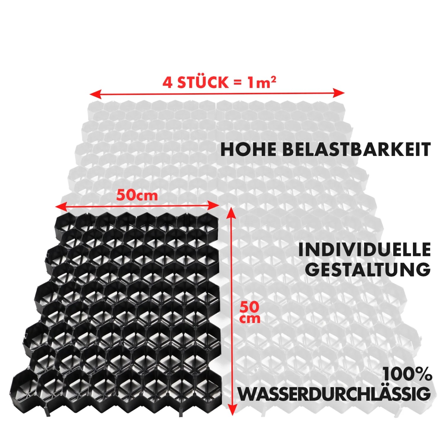 Schwarzes KARAT Rasengitter 50x50 cm aus Kunststoff zur Bodenverstärkung. Paddockplatte für Einfahrten und Parkplätze.