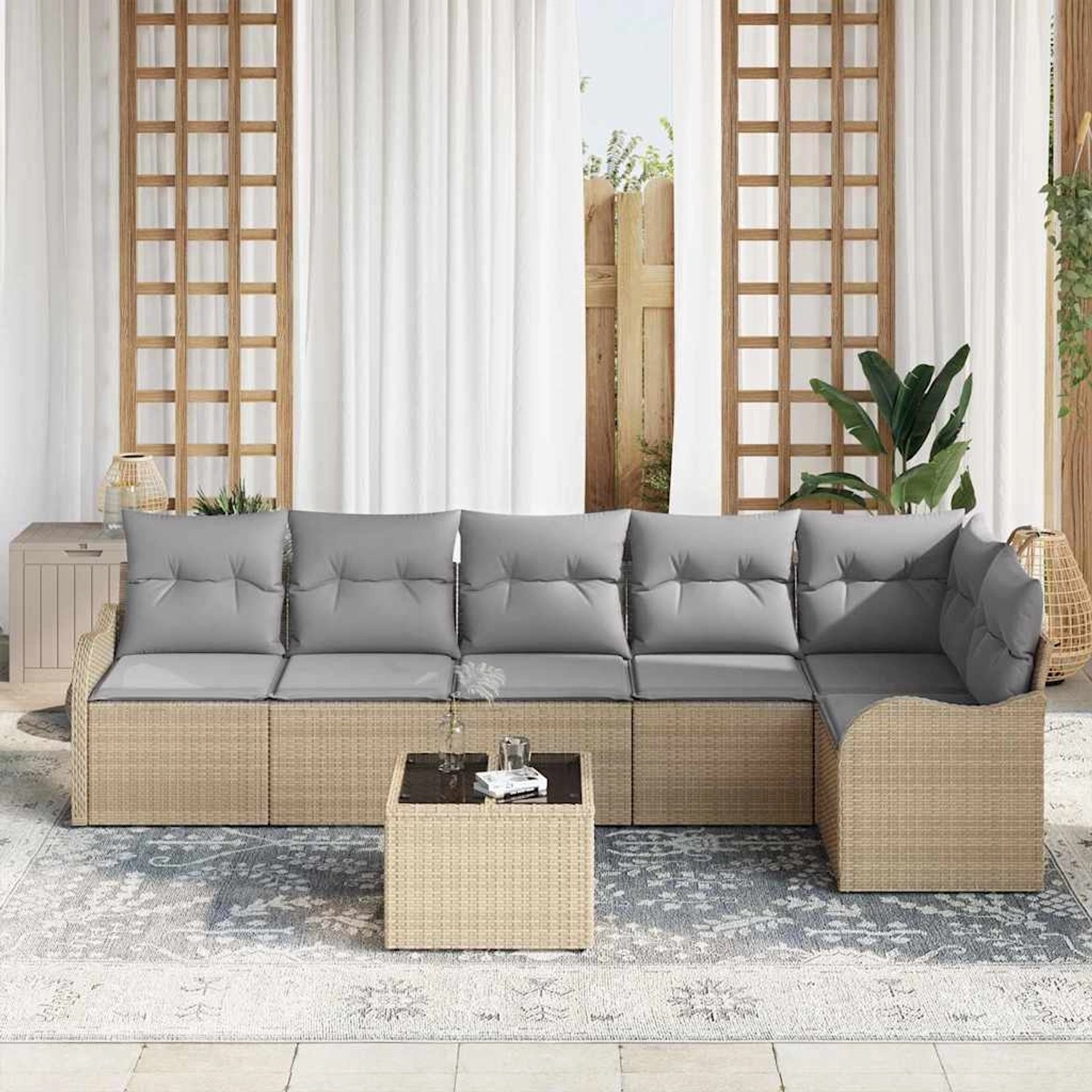Beiges 7-teiliges vidaXL Garten-Sofa-Set aus Polyrattan mit Kissen und Tisch.