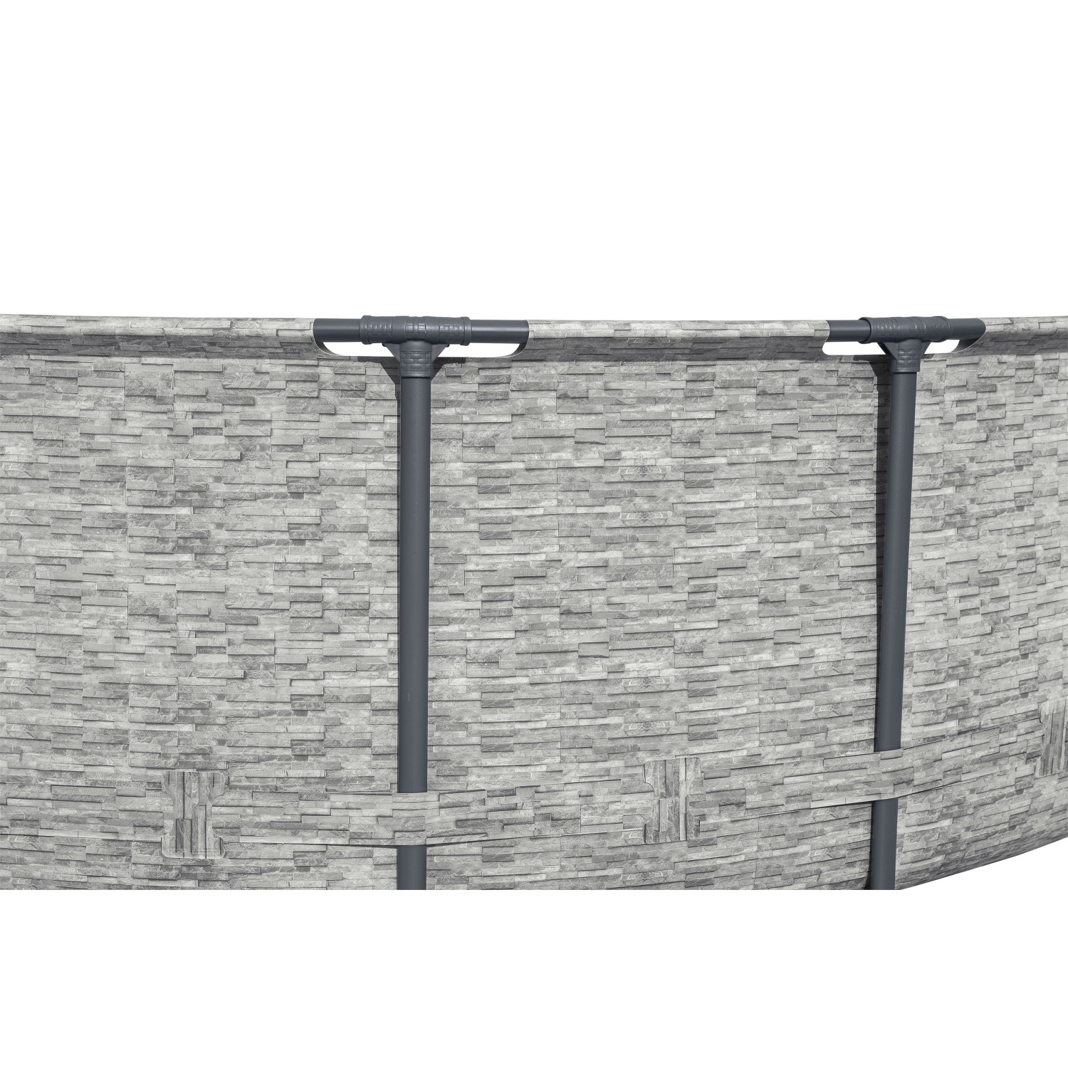 Detailansicht des grauen Bestway Stahlrahmenpools mit Steinmuster und Stahlrahmen.