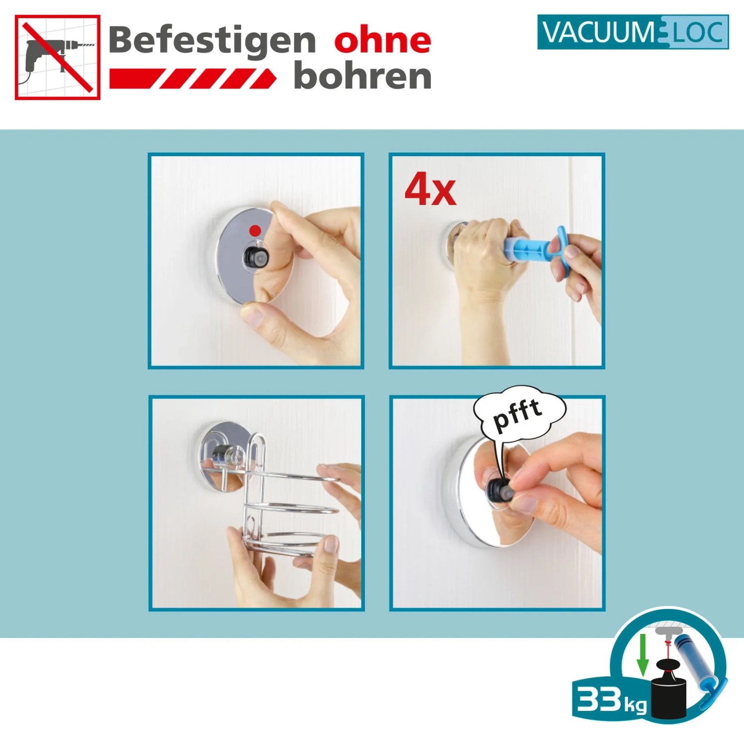 Wenko Vacuum-Loc Haartrocknerhalter Quadro Edelstahl: Montageanleitung ohne Bohren.