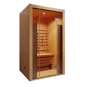 Weka Infrarotkabine Hamina 1 mit Linienstrahler, Fichtenholz und Glasfront.