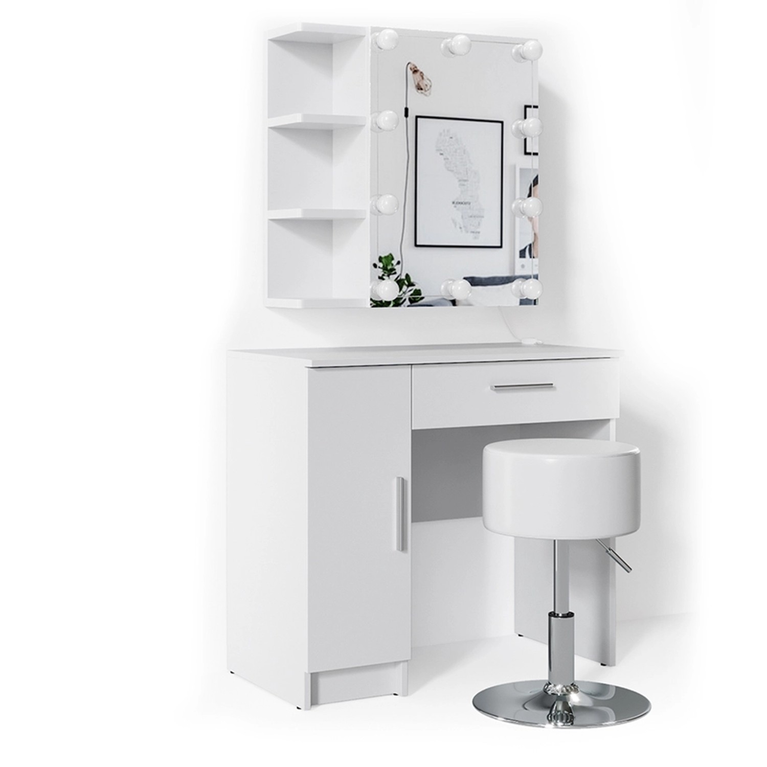 Vicco Schminktisch Fynnia Weiß 80.2 cm mit LED Beleuchtung und Hocker günstig online kaufen