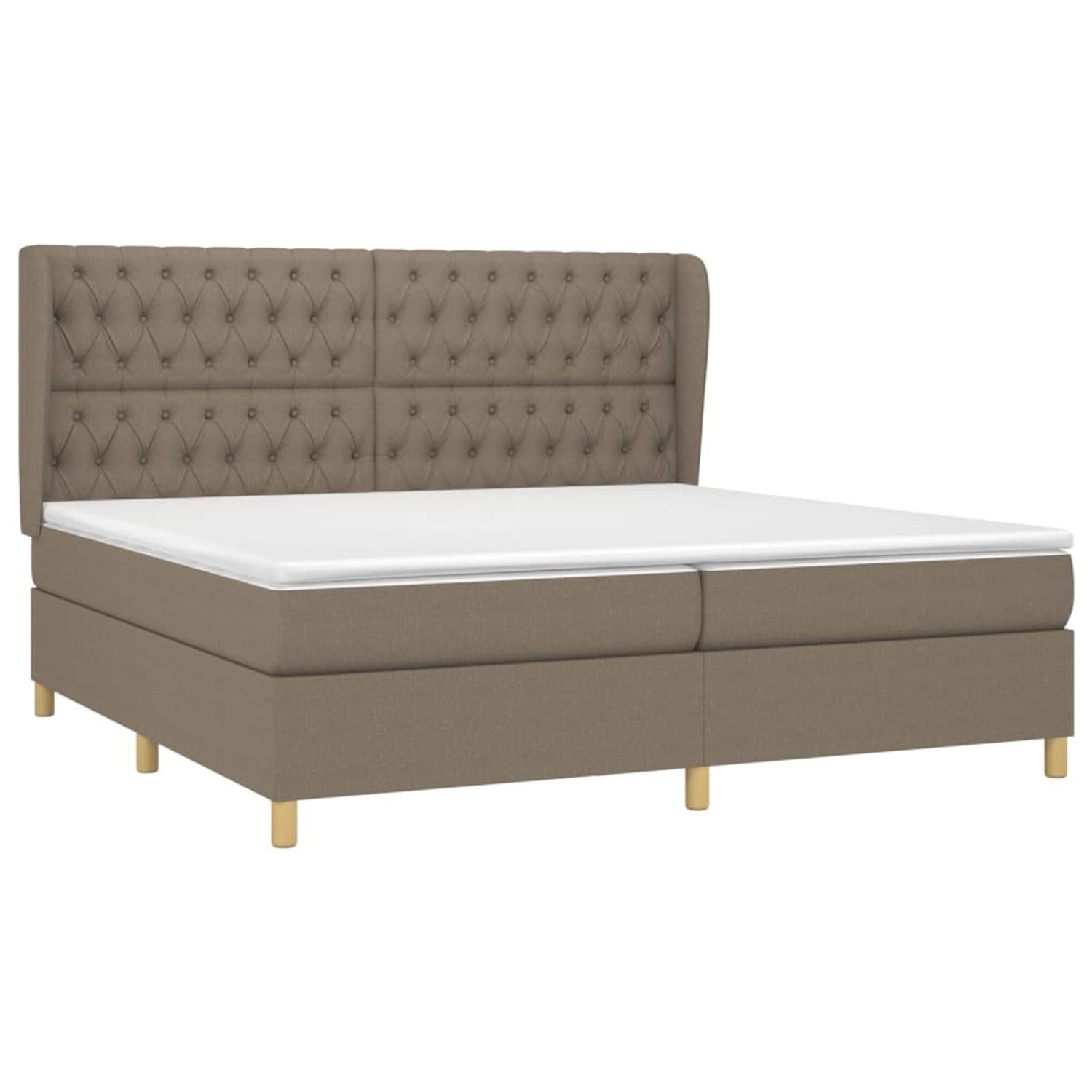 Boxspringbett Taupe 200x200 cm mit Stoffbezug und gestepptem Kopfteil.