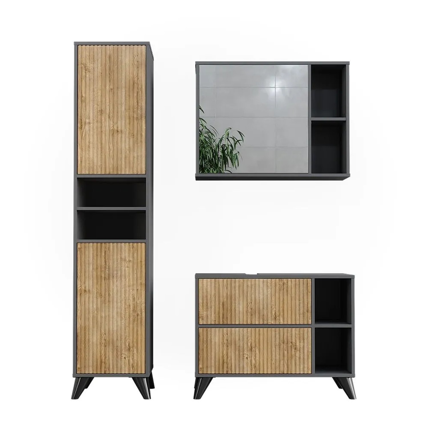 Vicco Badmöbel-Set Leano Anthrazit/Goldkraft Eiche 80 x 62 3-teilig