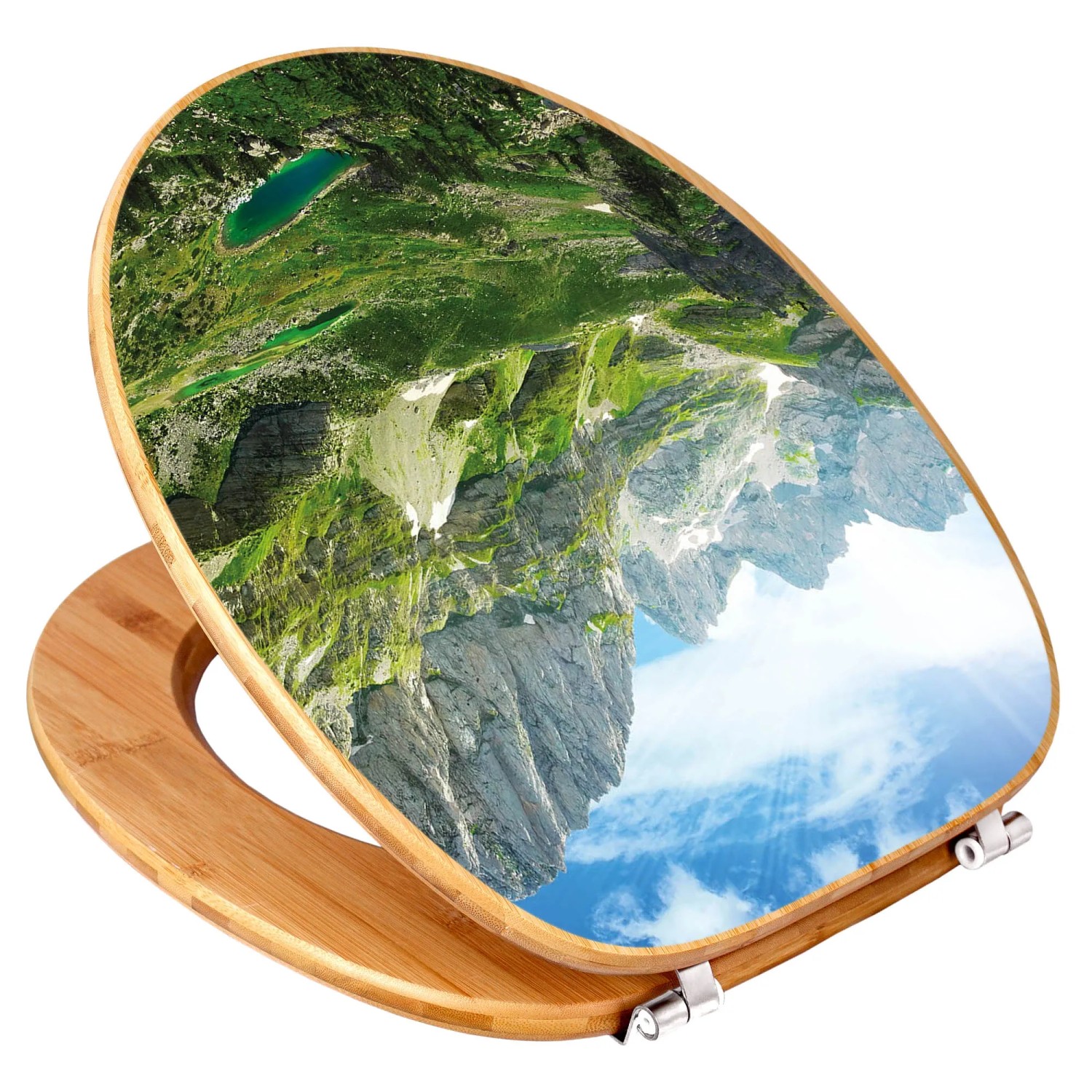 Banjado WC-Sitz aus Bambus mit Bergsee-Motiv. Toilettendeckel aus Holz mit Alpen-Design.