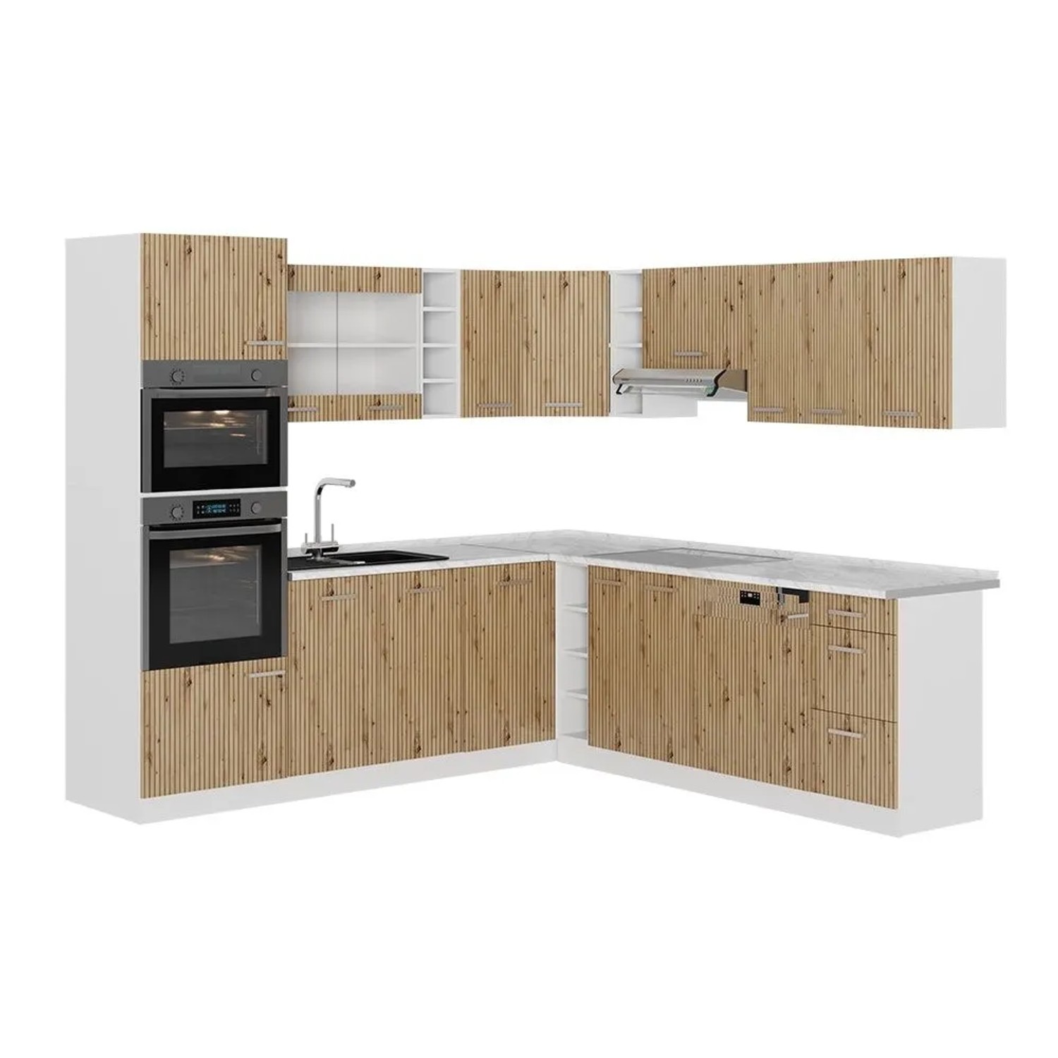 Vicco Eckküche R-Line Artisan-Eiche/Weiß 247 x 82, AP Marmor