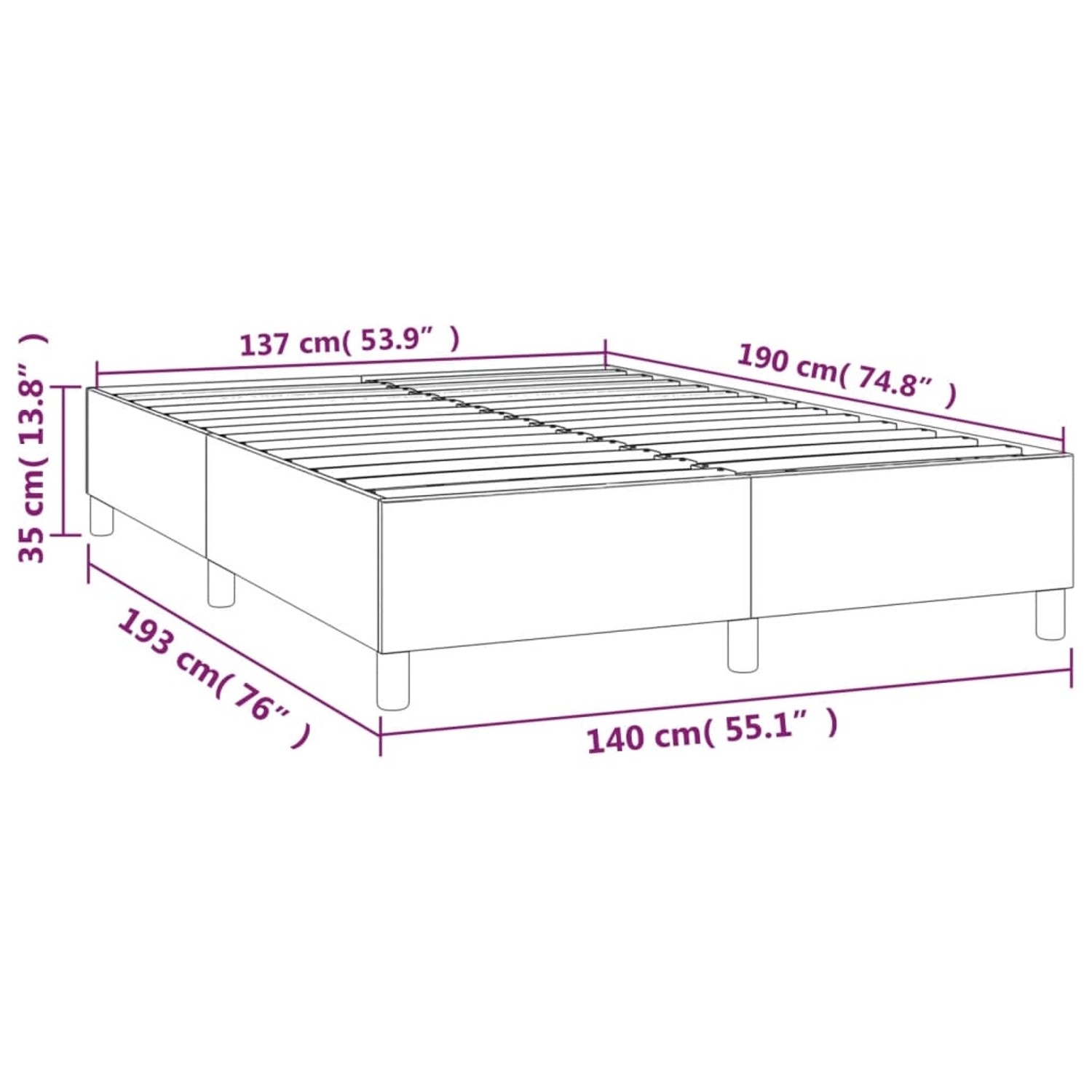 Braunes vidaXL Boxspringbett, 140x190 cm, Kunstleder, Bettrahmen ohne Matratze.
