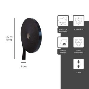 Schwarzes Dalsys Trennwandband, 30m x 30mm x 3mm, selbstklebend, wetterfest, schalldämmend für Profile.