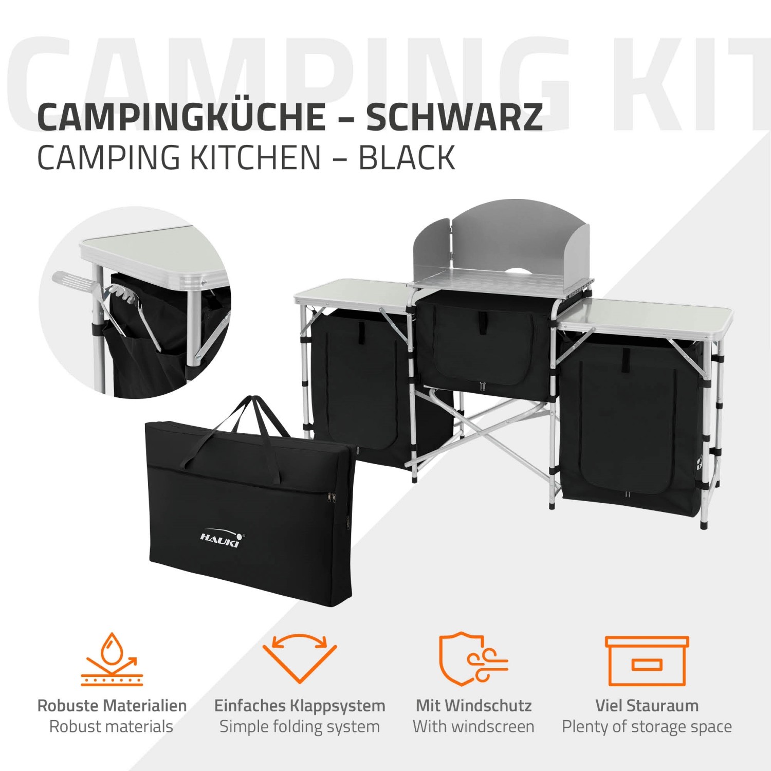 Hauki Campingküche, schwarz, faltbar mit Tragetasche. Campingschrank mit Windschutz und Stauraum.