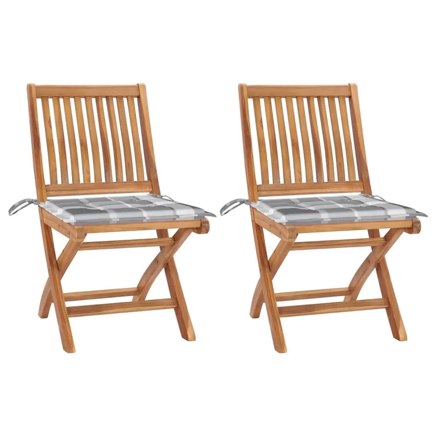 vidaXL Gartenstühle 2 Stk Graue Karomuster-Kissen Massivholz Teak 3062447