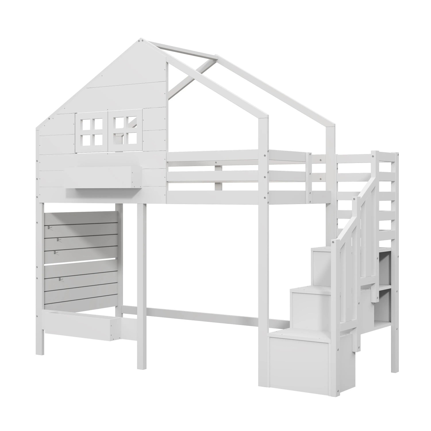 okwish Hochbett 90x200cm mit Fenster und Stauraumtreppe Weiß ohne Matratze