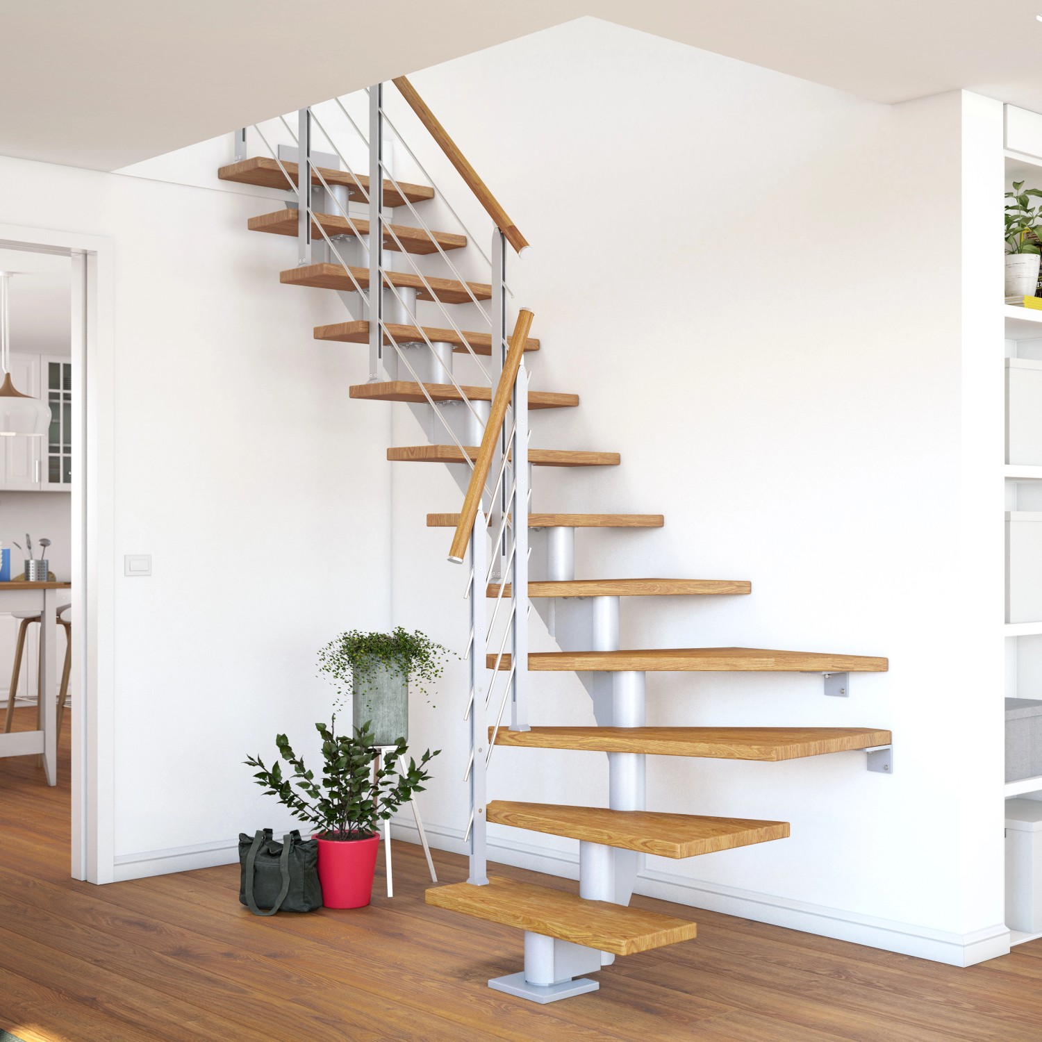 Dolle Mittelholmtreppe Hamburg, Eiche perlgrau, mit Geländer in modernem Wohnraum.