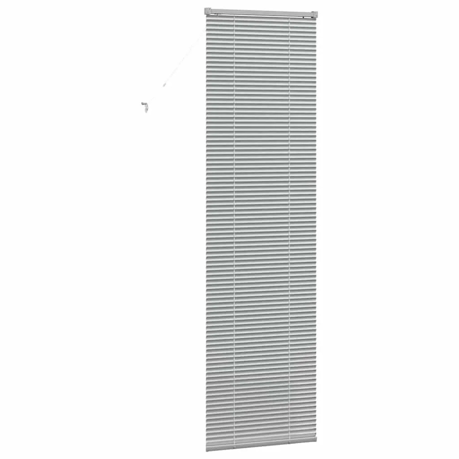 Silberne Balkenjalousie aus Aluminium, 220x65 cm, für Fenster.