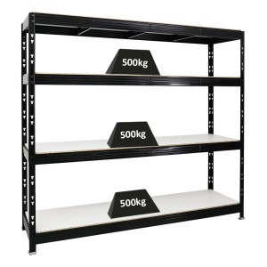 Schwarzes PROREGAL Schwerlastregal Rhino mit 4 Melamin-Ebenen, Fachlast 500 kg, 180x200x60 cm.