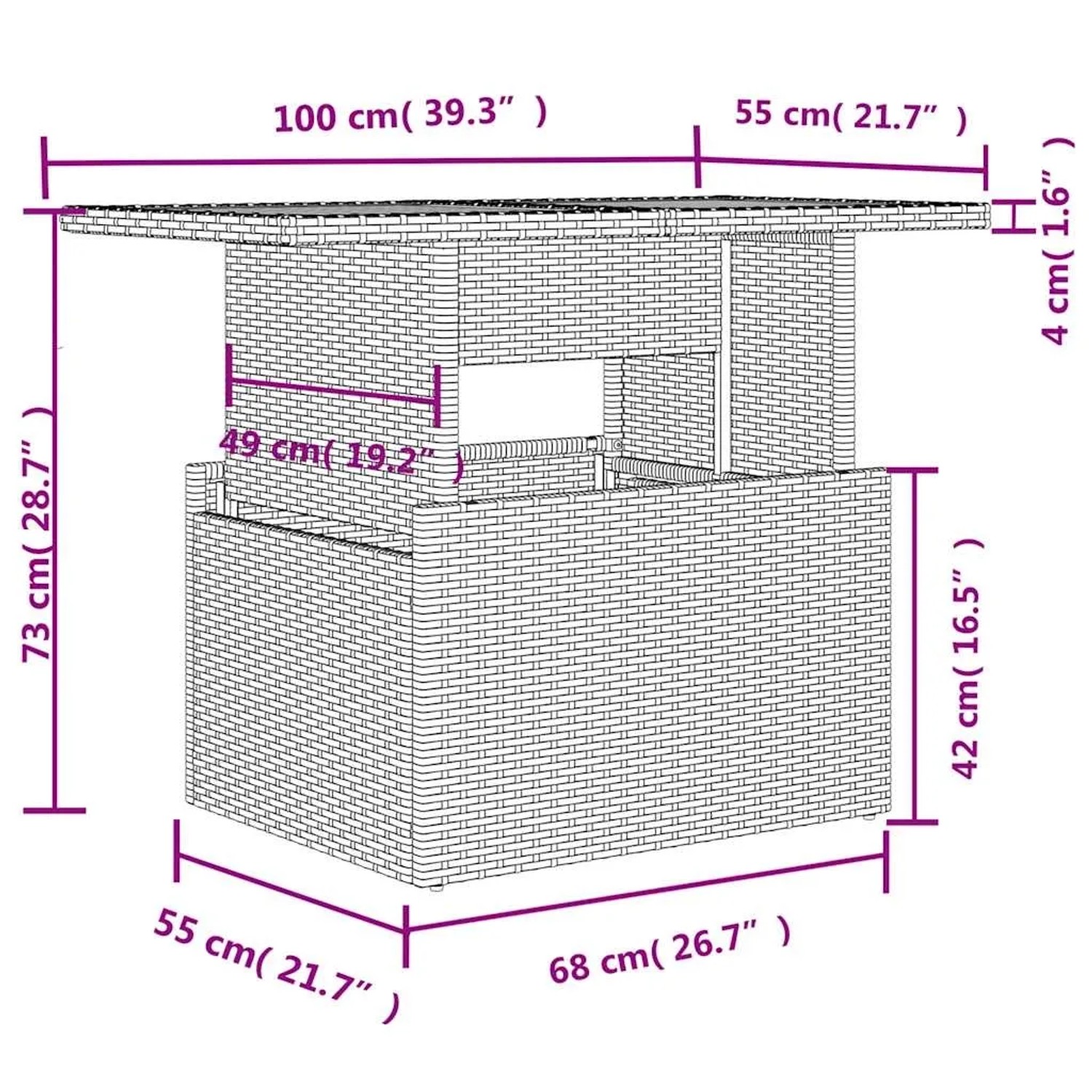 Skizze der vidaXL 6-tlg. Garten-Sofagarnitur aus grauem Rattan mit Maßangaben.