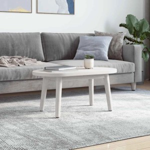 Weiße ovale Tischplatte aus massivem Kiefernholz, als Couchtisch im Wohnzimmer. Ideal für Möbelbau.