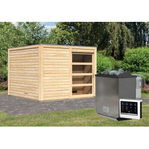 Karibu Saunahaus Jasper mit Bio-Ofen und externer Steuerung im Garten.