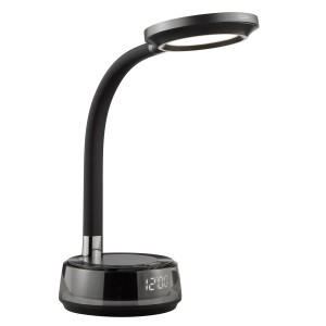 Schwarze LED-Tischlampe Moonglow (53 cm) mit Flexarm, digitaler Uhr und Wireless Charging.