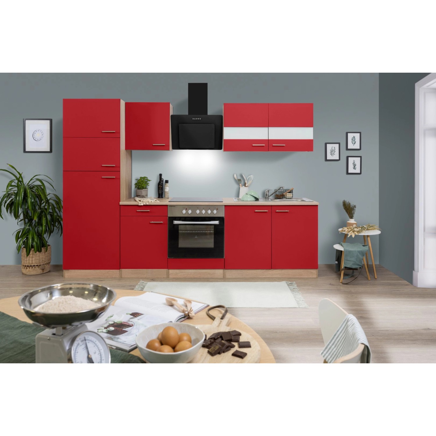 Respekta Küchenzeile/Küchenblock KB270ESRCGKE 270 cm Rot-Eiche Sägerau Nachbildung