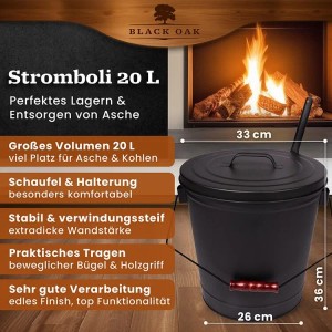 BLACK OAK Ascheeimer STROMBOLI 20L mit Deckel und Schaufel. Zubehör für Kamin & Ofen.