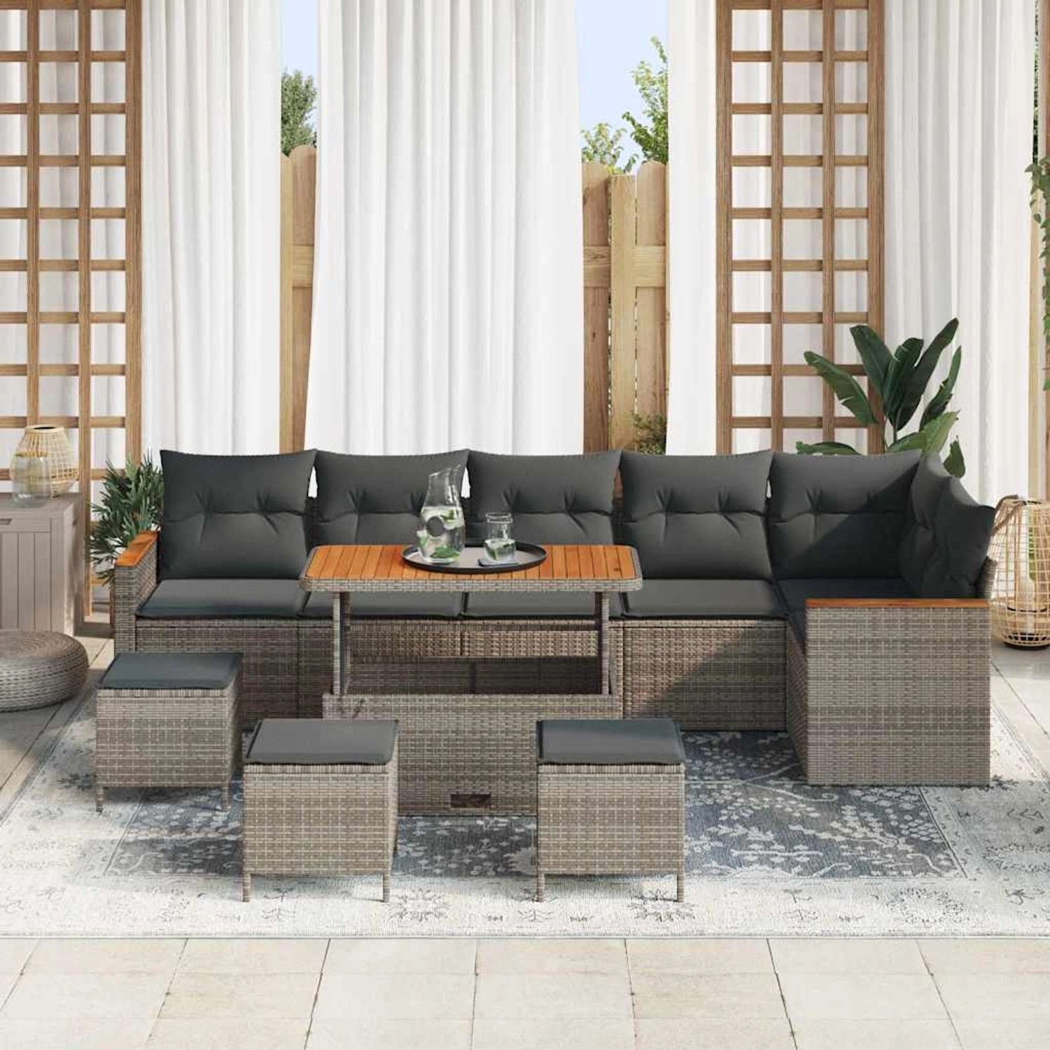 Graues 10-teiliges vidaXL Garten-Sofa-Set aus Poly Rattan mit Kissen und Tisch.
