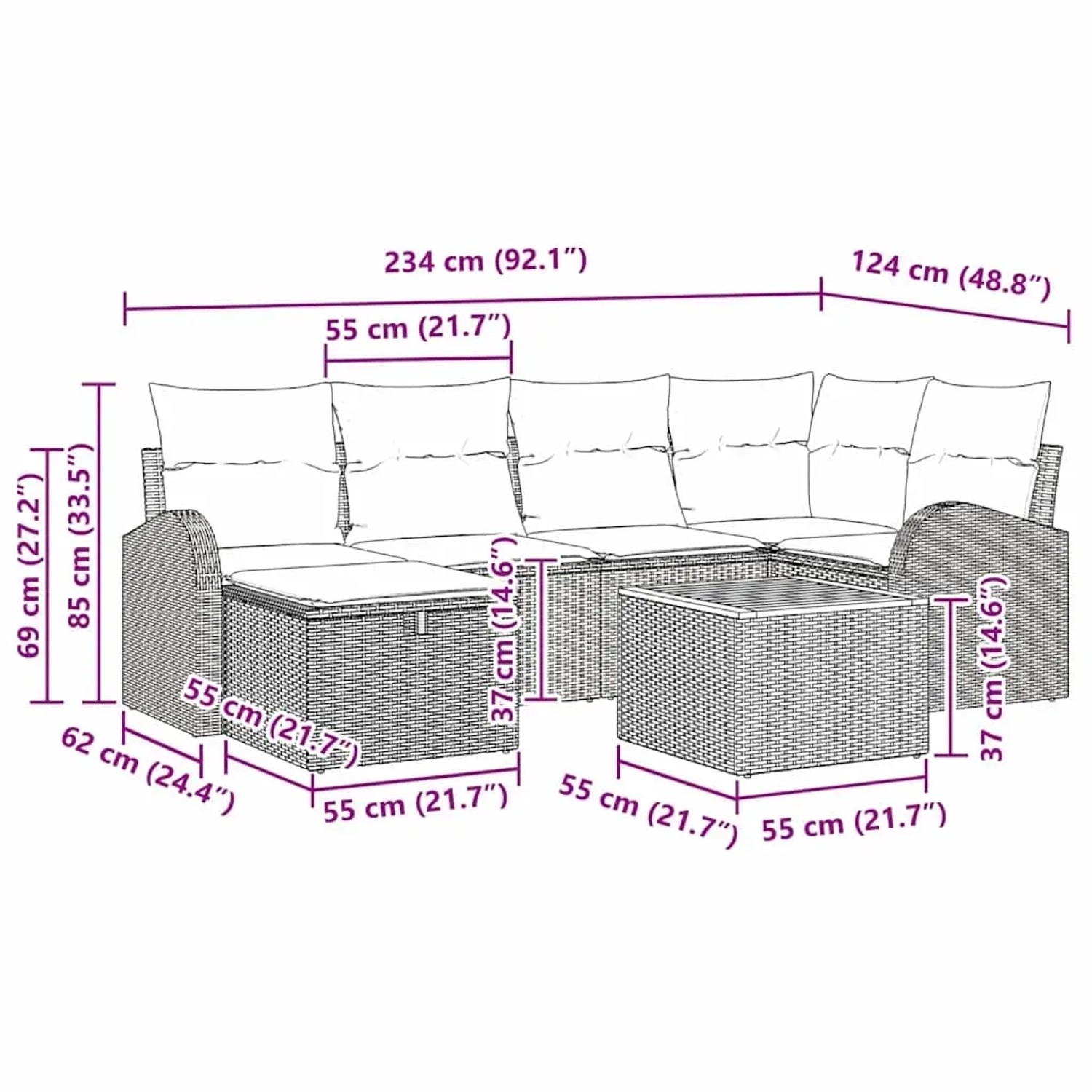 vidaXL Gartenmöbel-Set, 7-teilig, grau, Poly Rattan, mit Maßen. Ideal für Terrasse und Garten.