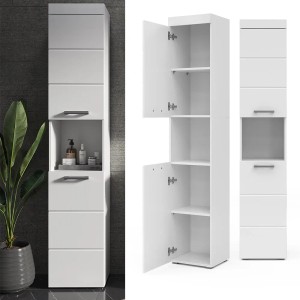 Vicco Badschrank Luna, weiß, 37x190cm, mit offenem Fach und Stauraum hinter Türen.