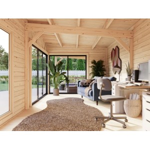 Innenansicht: Palmako Holz-Gartenhaus mit Pultdach, naturbelassen und wohnlich eingerichtet.