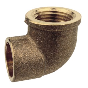 Kirchhoff Winkel 90° aus Rotguss, 15 mm x 18,7 mm (1/2 IG) mit Muffe, blank für Sanitärinstallationen.