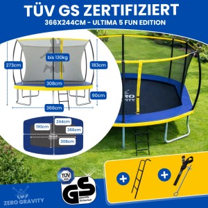 Zero Gravity Trampolin Outdoor 366x244cm TÜV GS Smartes Klappnetz mit Leiter und Bodenanker