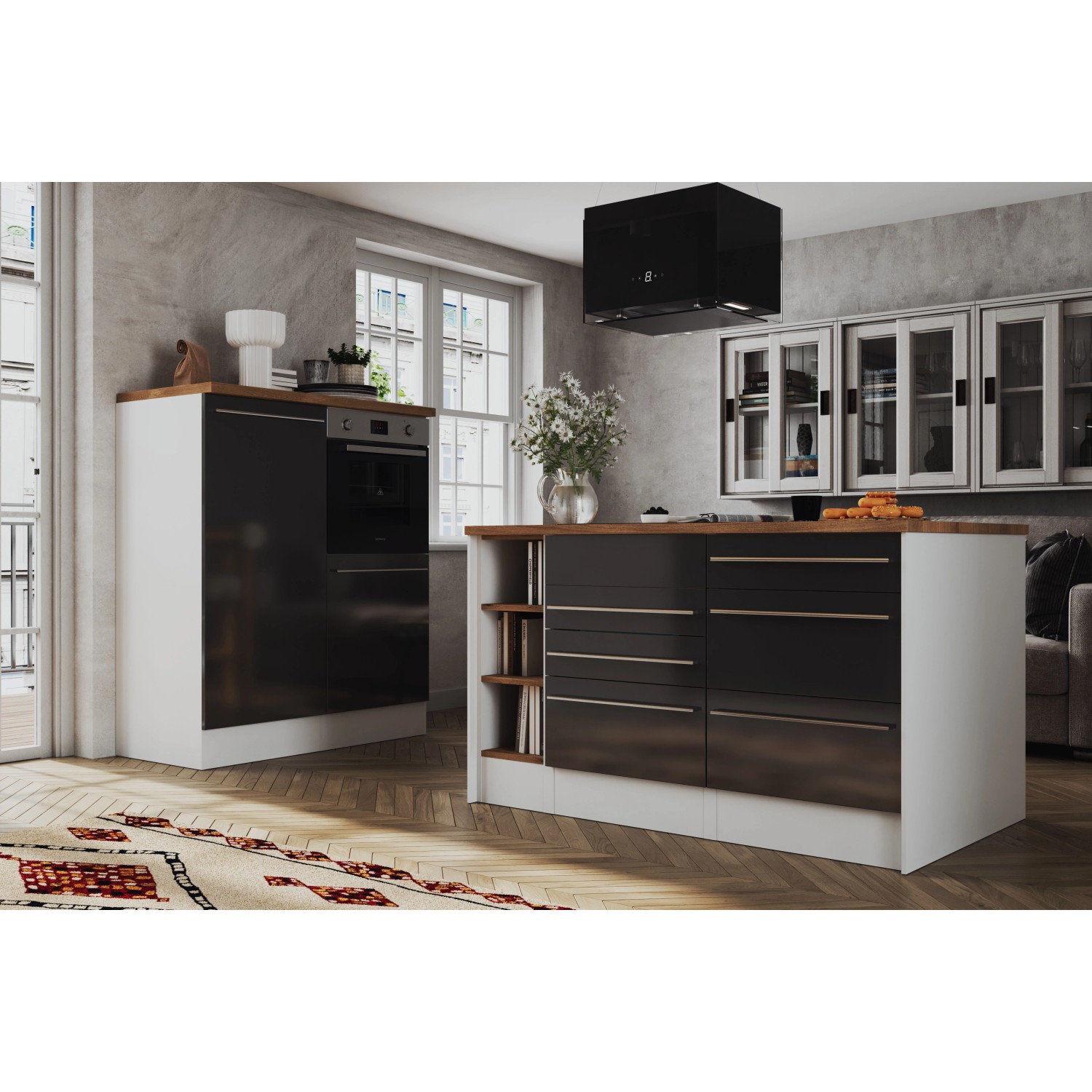 Respekta Inselküche Gabriel 290 cm Grau Hochglanz mit Kochinsel und Elektrogeräten.