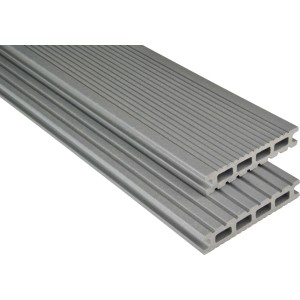Graue Kovalex WPC Terrassendielen mit matter Oberfläche und feiner Riffelung.