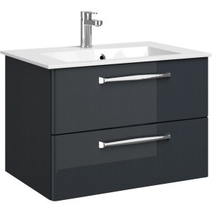 Pelipal Trentino Waschbeckenunterschrank, Anthrazit Hochglanz, 75 cm breit, mit zwei Schubladen.