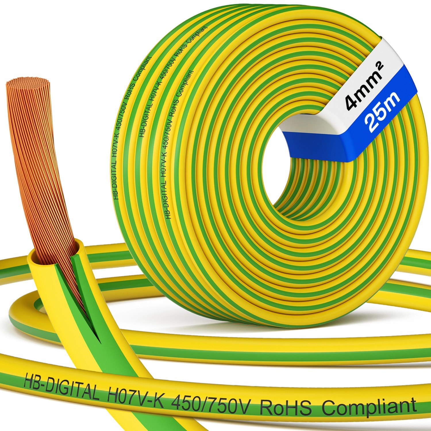 hb-digital 25m PVC Aderleitung H07V-K Erdungskabel 4mm2 Flexibel