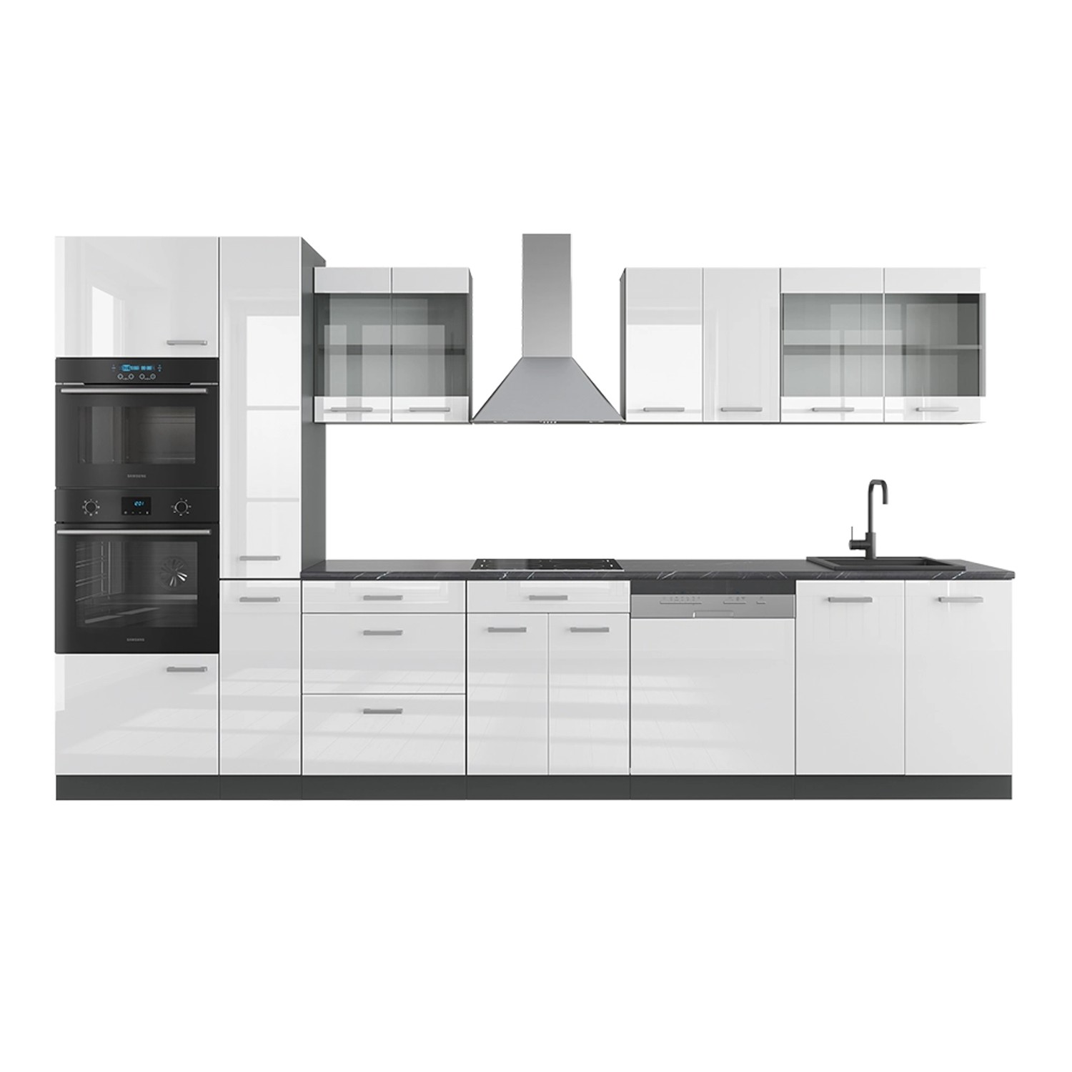 Vicco R-Line Küche Weiß Hochglanz/Anthrazit 350 cm mit Hochschrankohne Arbe günstig online kaufen