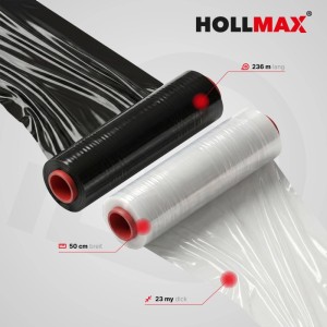 HOLLMAX Profi Stretchfolie, transparent und schwarz, 23 µm dick, 236 m lang. Für Ladungssicherung & Versand.