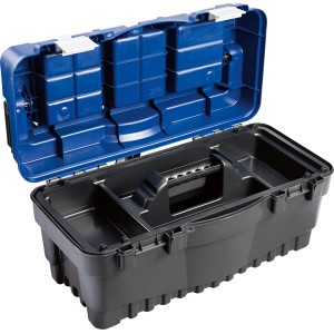 Offener LUX Werkzeugkoffer KWK-39 aus Kunststoff mit herausnehmbarem Sortierkasten.