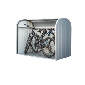 Silber-Metallic Biohort StoreMax 190 Gartenbox mit geöffnetem Rollladen, zwei Fahrräder darin. Universalbox.