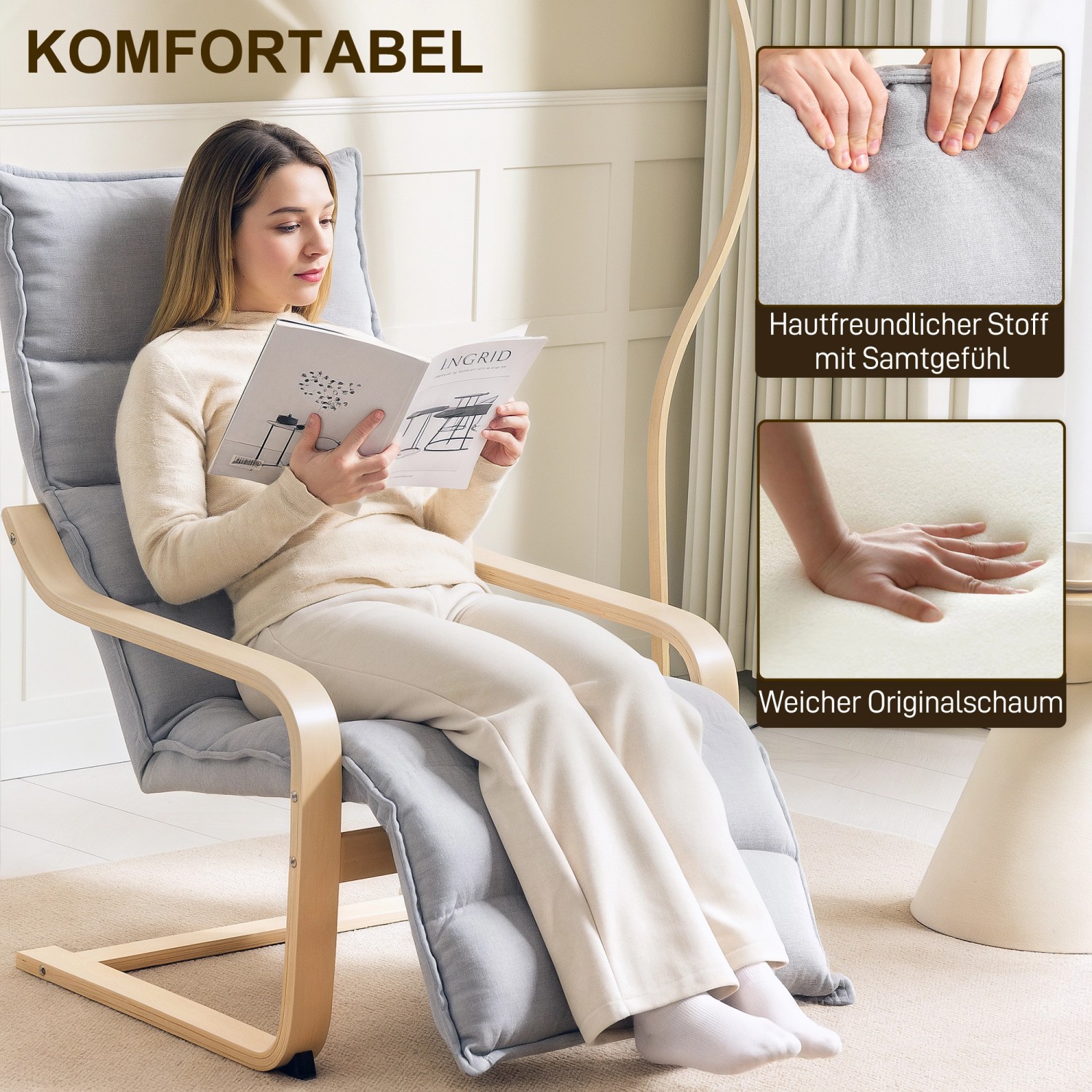 Hellgrauer HOMCOM Relaxsessel/Loungesessel mit Armlehne und Lesender Person.